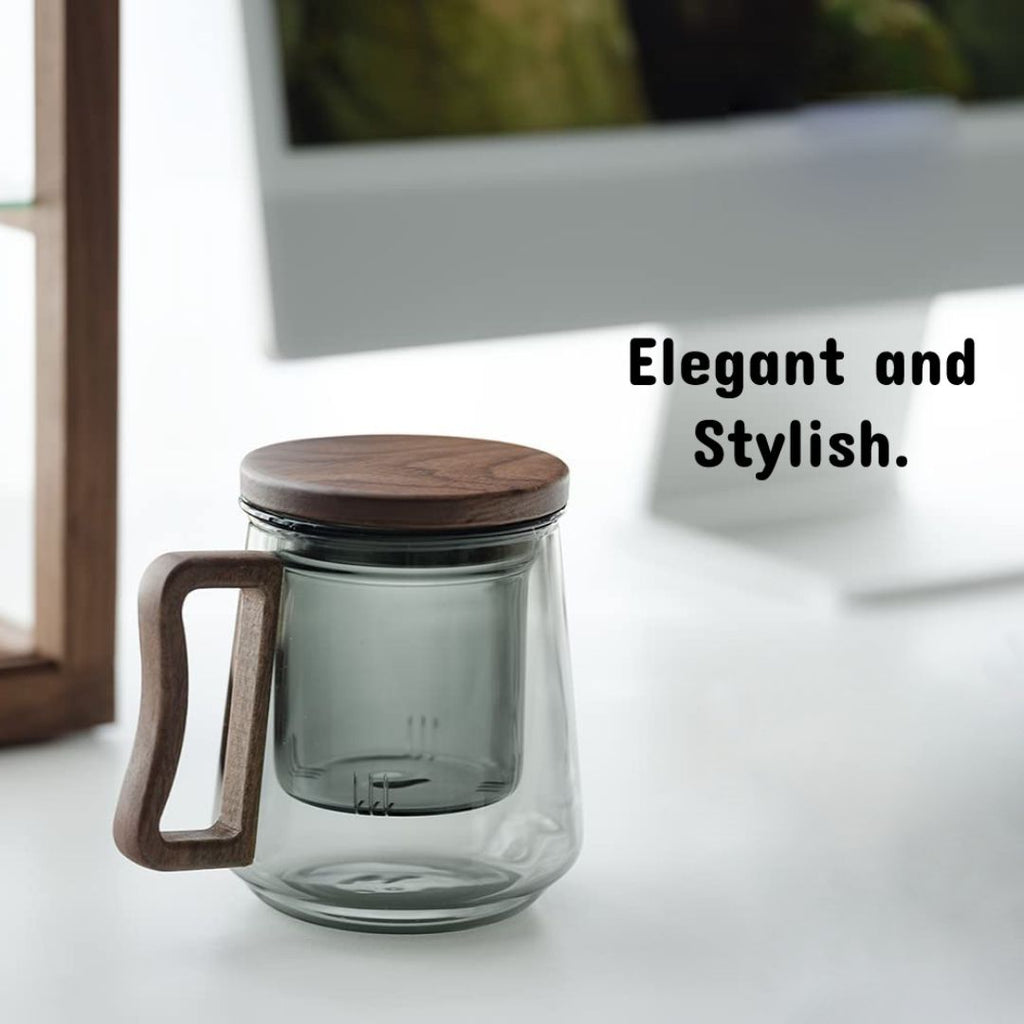 Smoky Grey Borosilicate Glass Mug With Infuser, Walnut Lid and Handle 500 ML