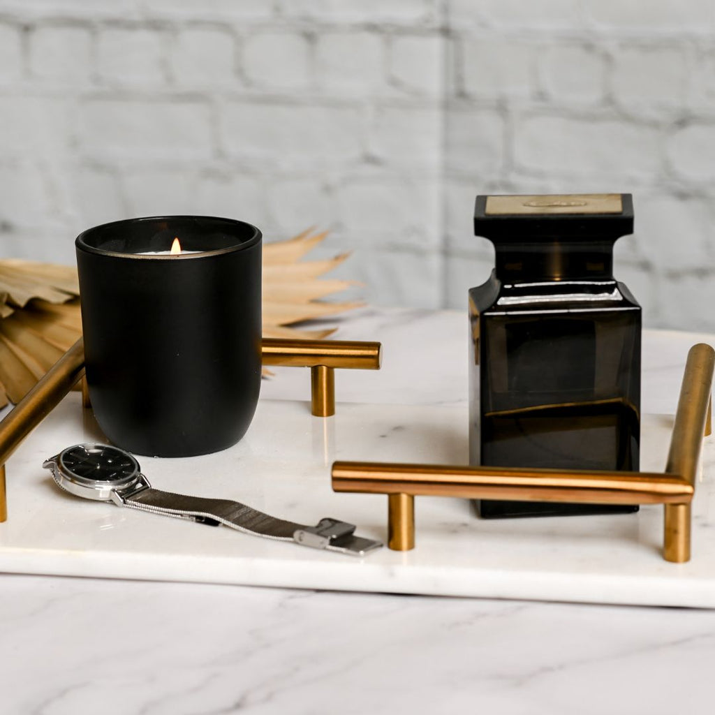Rectangular Natural Marble Tray with Gold L Shaped Handles- White