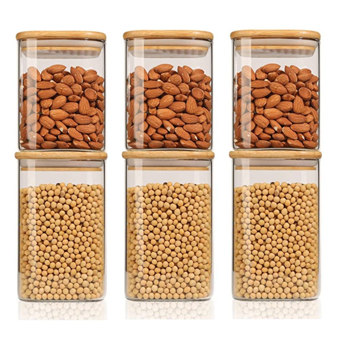Square Food Storage Jar with Airtight Bamboo Lid – Set of 6
