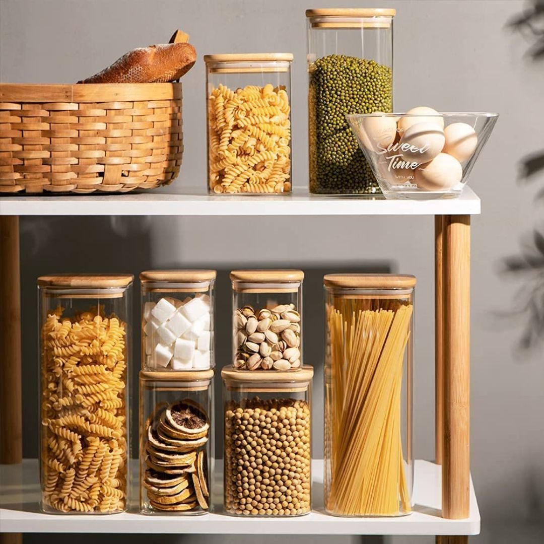Square Glass Storage Jar with Airtight Bamboo Lid – Set of 3