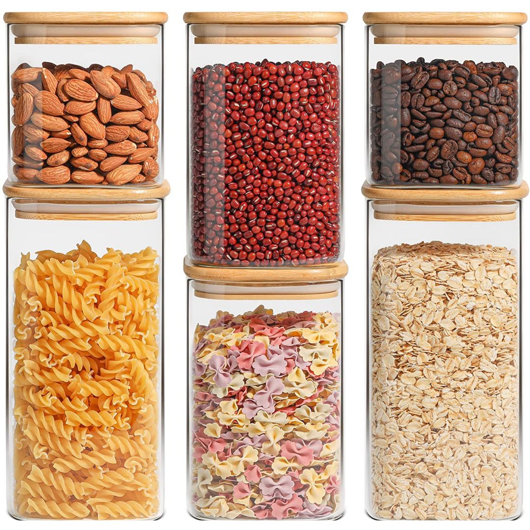 Square Food Storage Jar with Airtight Bamboo Lid – Set of 6