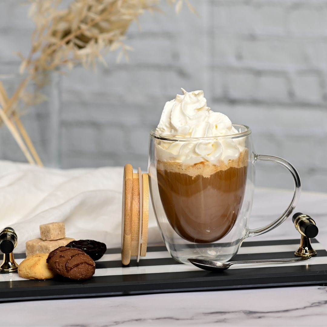 Double Wall Glass Coffee Mug with Bamboo Lid 350 ML