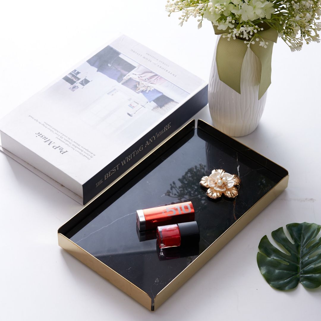 Black Natural Marble vanity Trinket Tray with Gold Detachable Base