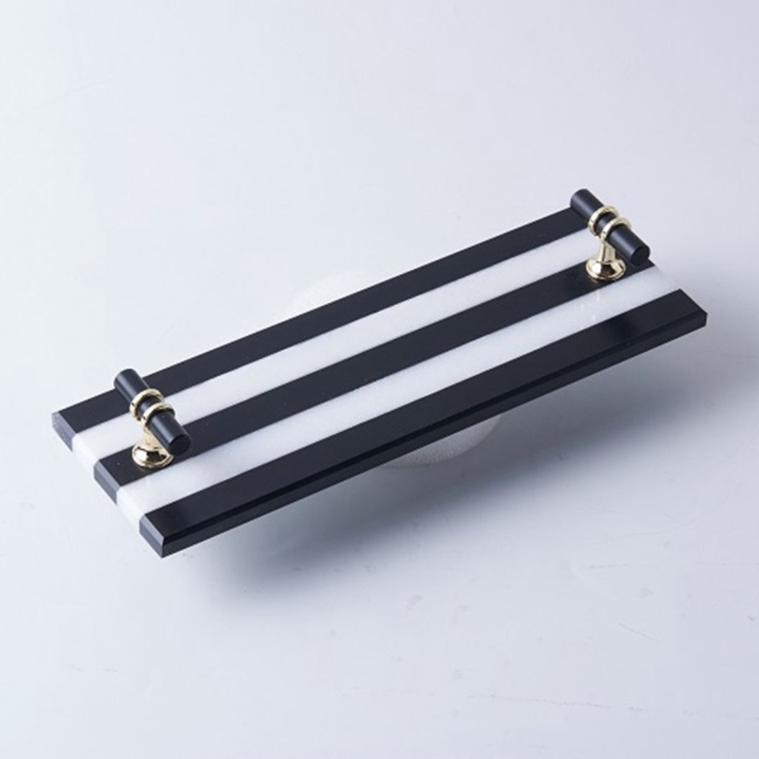 Black and White Stripe Natural Marble Tray with Black and Gold Handle