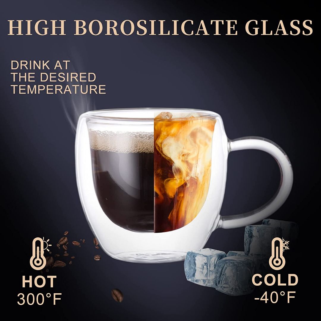 Double Wall Insulated Glass Coffee Mugs 250ML – Set of 2