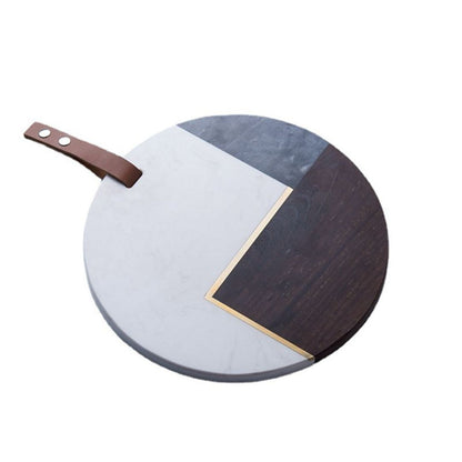 Natural Round Shape Marble Tray With Acacia Wood And Leather Strap 25 CM