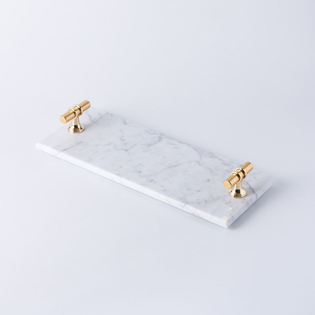 Rectangular Natural Marble Tray with Gold T Shaped Handles- White