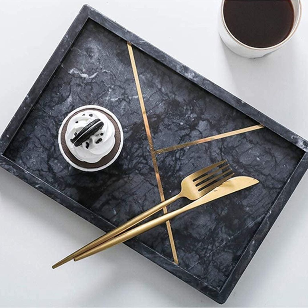 Rectangular Marble Stone Tray With Gold Rib Pattern (BLACK)