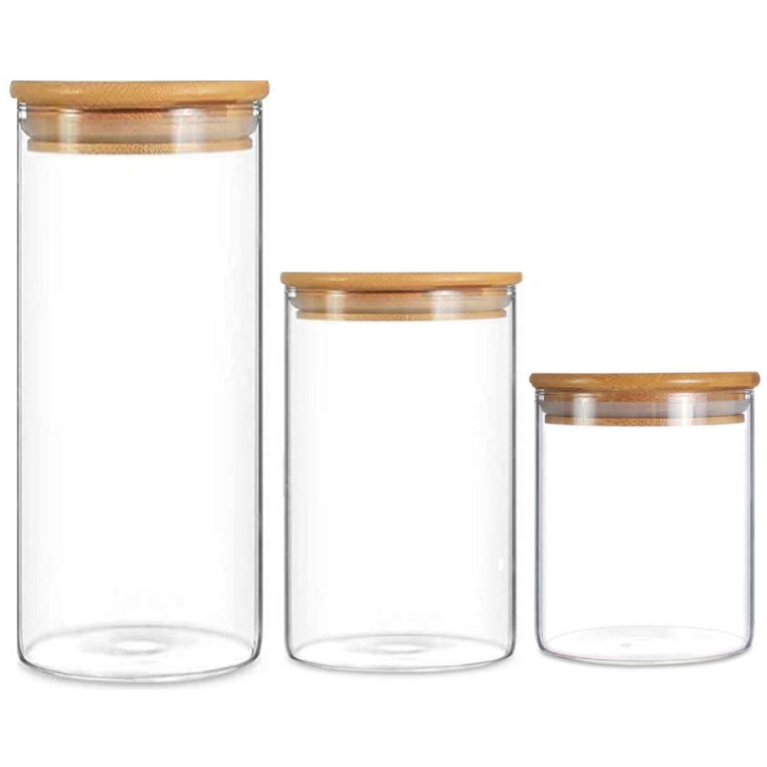 Glass Storage Jar with Air tight Bamboo Lid, Set Of 3