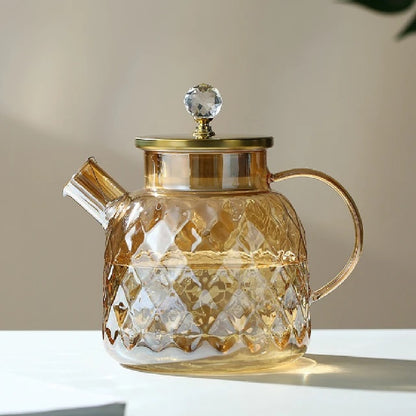 Heat Resistant Diamond Pattern Glass Teapot 1200 ML With Stainless Steel Strainer Lid And Infuser