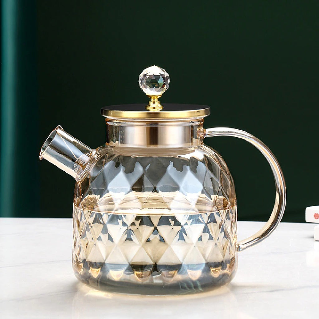 Heat Resistant Diamond Pattern Glass Teapot 1200 ML With Stainless Steel Strainer Lid And Infuser