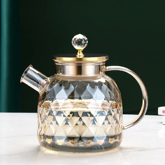 Heat Resistant Diamond Pattern Glass Teapot 1200 ML With Stainless Steel Strainer Lid And Infuser