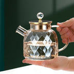 Heat Resistant Diamond Pattern Glass Teapot 1200 ML With Stainless Steel Strainer Lid And Infuser