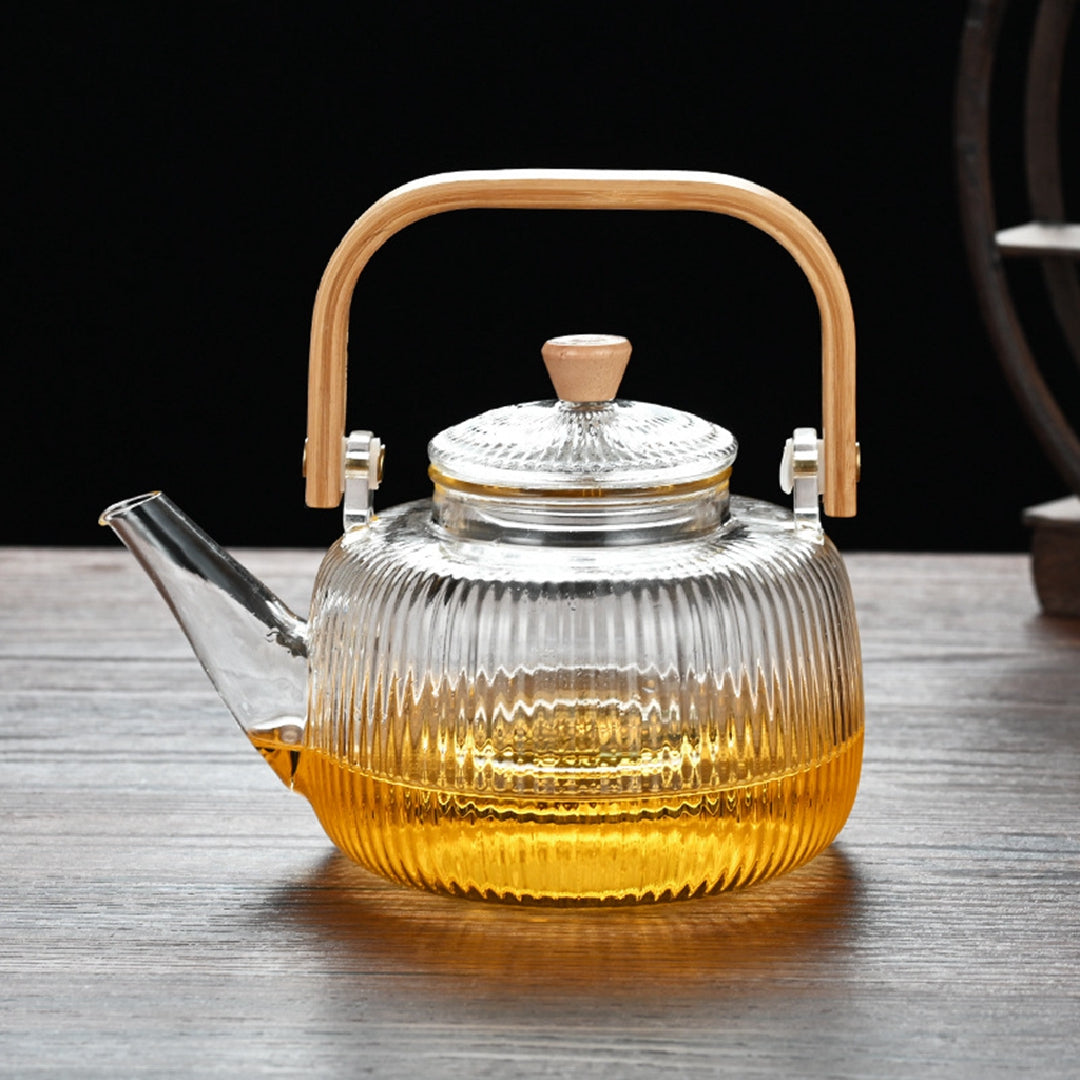 Stripe Glass Teapot with Infuser & Bamboo Handle – 1000ml