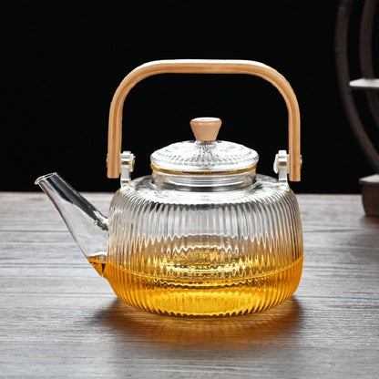 Stripe Glass Teapot With Infuser And Bamboo Handle, 1000 ML