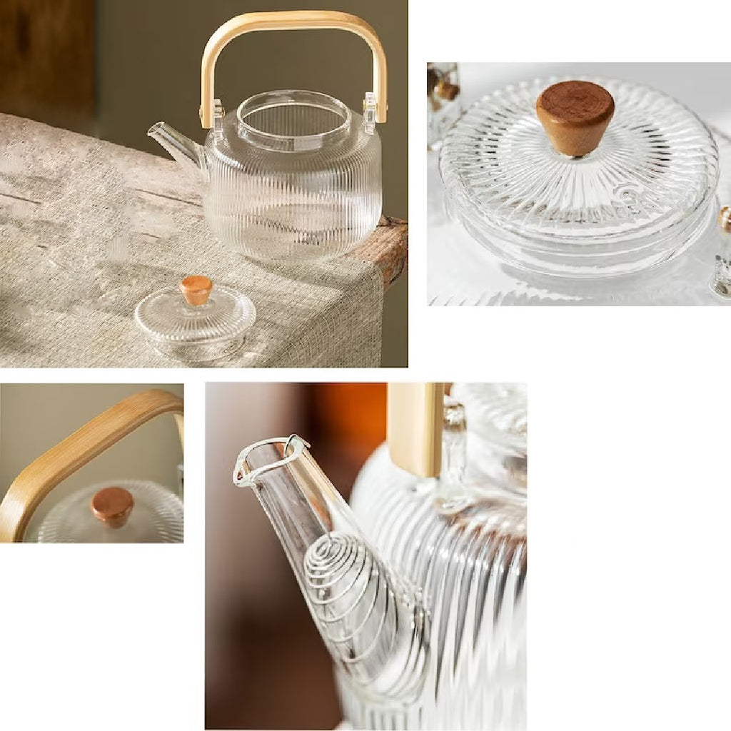 Stripe Glass Teapot with Infuser & Bamboo Handle – 1000ml