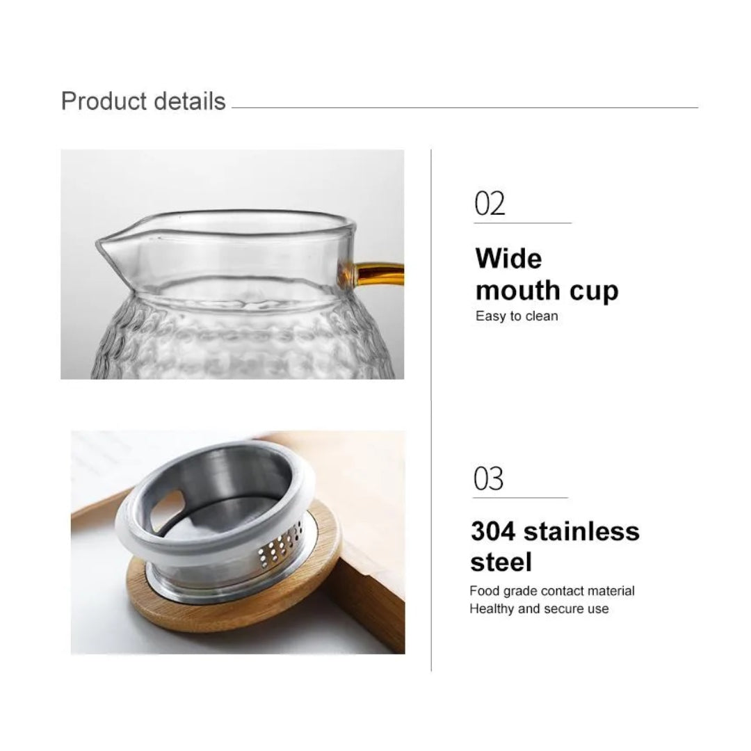 Hammered Pattern Water Pitcher 1800 ML With Bamboo Lid And Stainless Steel Strainer Heat Resistant Glass
