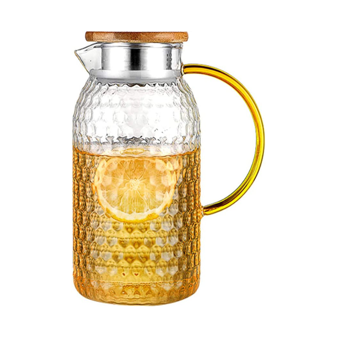 Hammered Pattern Water Pitcher 1800 ML With Bamboo Lid And Stainless Steel Strainer Heat Resistant Glass