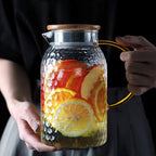 Hammered Pattern Water Pitcher 1800 ML With Bamboo Lid And Stainless Steel Strainer Heat Resistant Glass