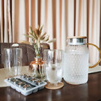 Hammered Pattern Water Pitcher 1800 ML With Bamboo Lid And Stainless Steel Strainer Heat Resistant Glass