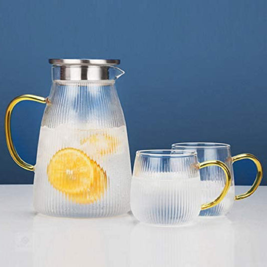 Heat Resistant 1500 ML Glass Water Pitcher With Stainless Steel Strainer Lid And Glass Mugs 350 ML (Set of 2)