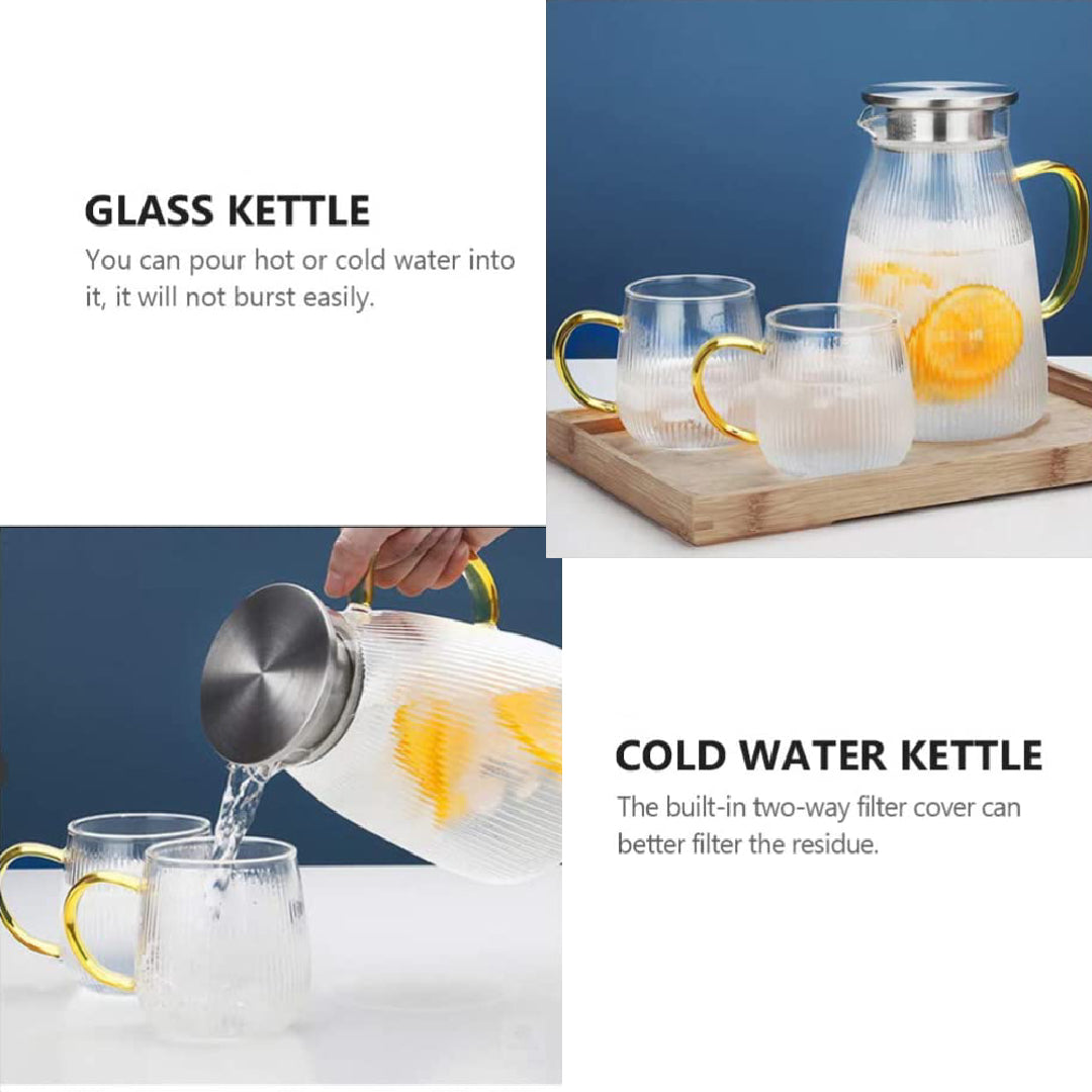 Heat Resistant 1500 ML Glass Water Pitcher With Stainless Steel Strainer Lid And Glass Mugs 350 ML (Set of 2)