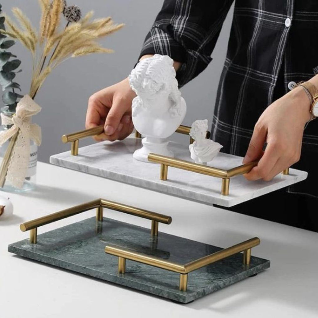 Rectangular Natural Marble Tray with Gold L Shaped Handles- White