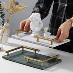 Rectangular Natural Marble Tray with Gold L Shaped Handles- White