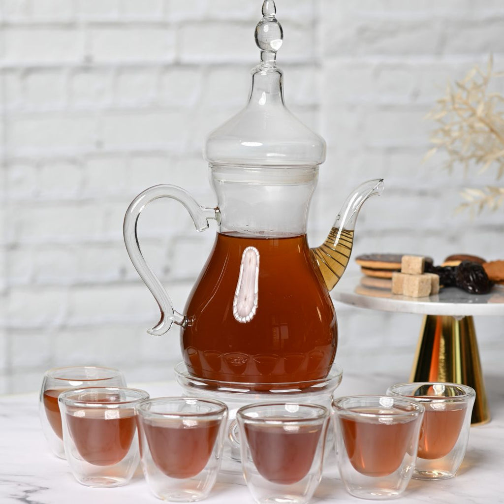 Heat resistant Arabic Style Teapot With Teawarmer and 80 ML Double Wall Espresso Cups Set of 6