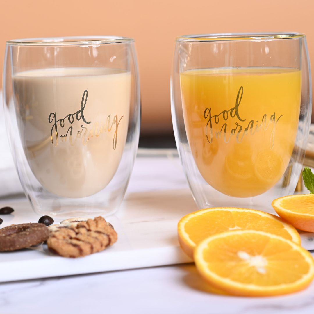 Double Wall Good Morning Printed Glass Cup 350 ML (Set of 2)