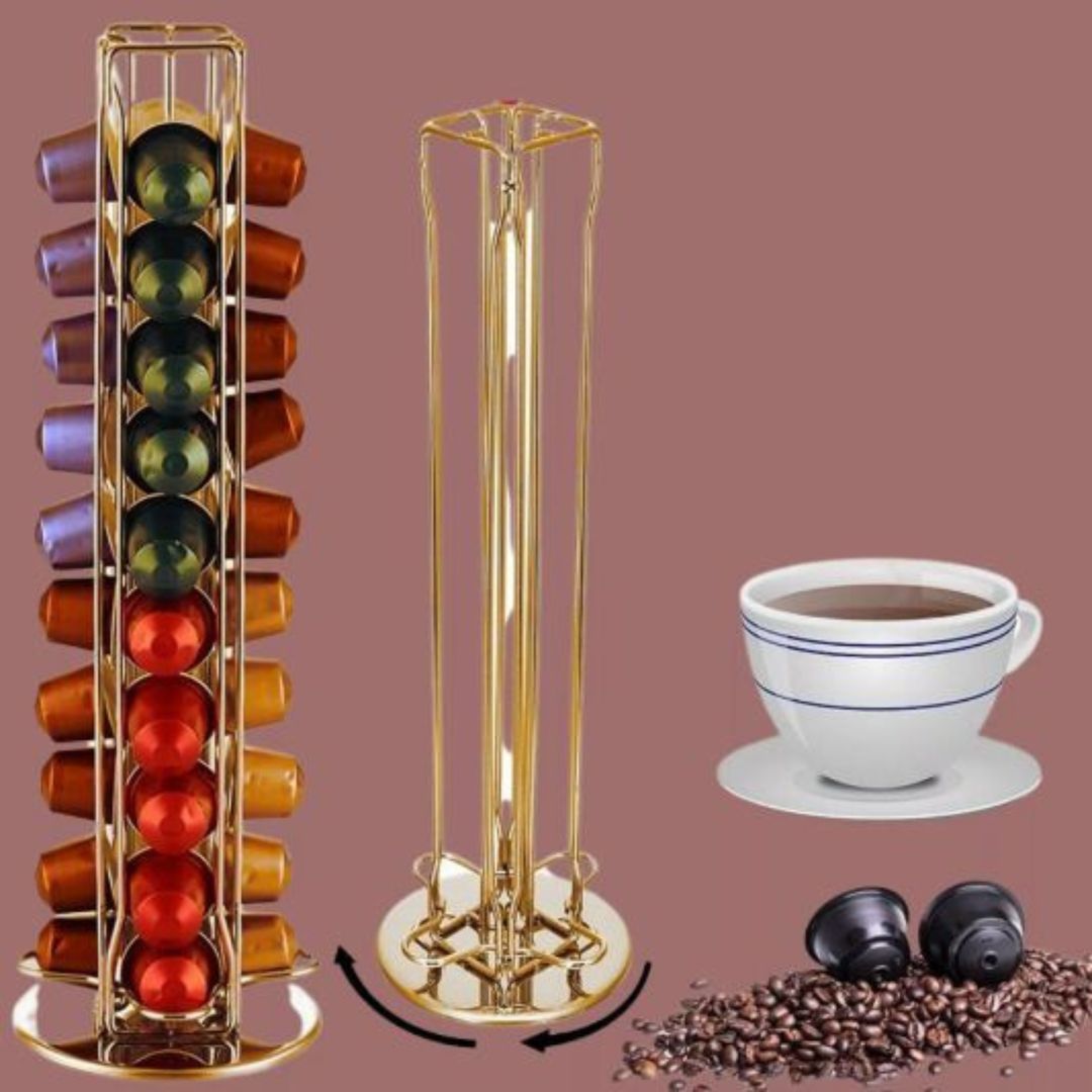 Coffee Capsule Holder Gold 360 Degree Rotating Coffee Pod Holder Tower Rack Stand for 40 Nespresso Coffee Capsules