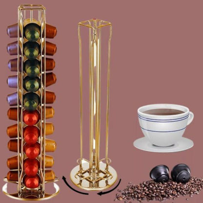 Coffee Capsule Holder Gold, 360 Degree Rotating Coffee Pod Holder Tower Rack Stand for 40 Nespresso Coffee Capsules