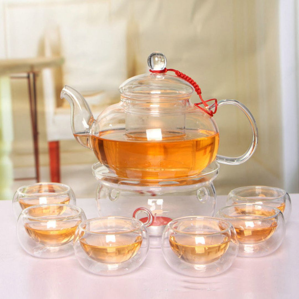Heat Resistant Glass Teapot 600ML With Tea warmer and 50 ML Double Wall Cups Set Of 6