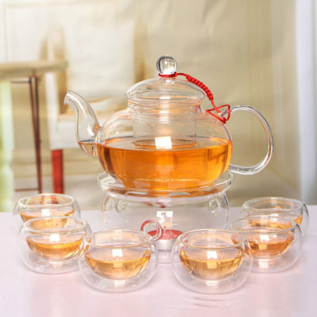 Heat Resistant Glass Teapot 600ML With Tea warmer and 50 ML Double Wall Cups Set Of 6