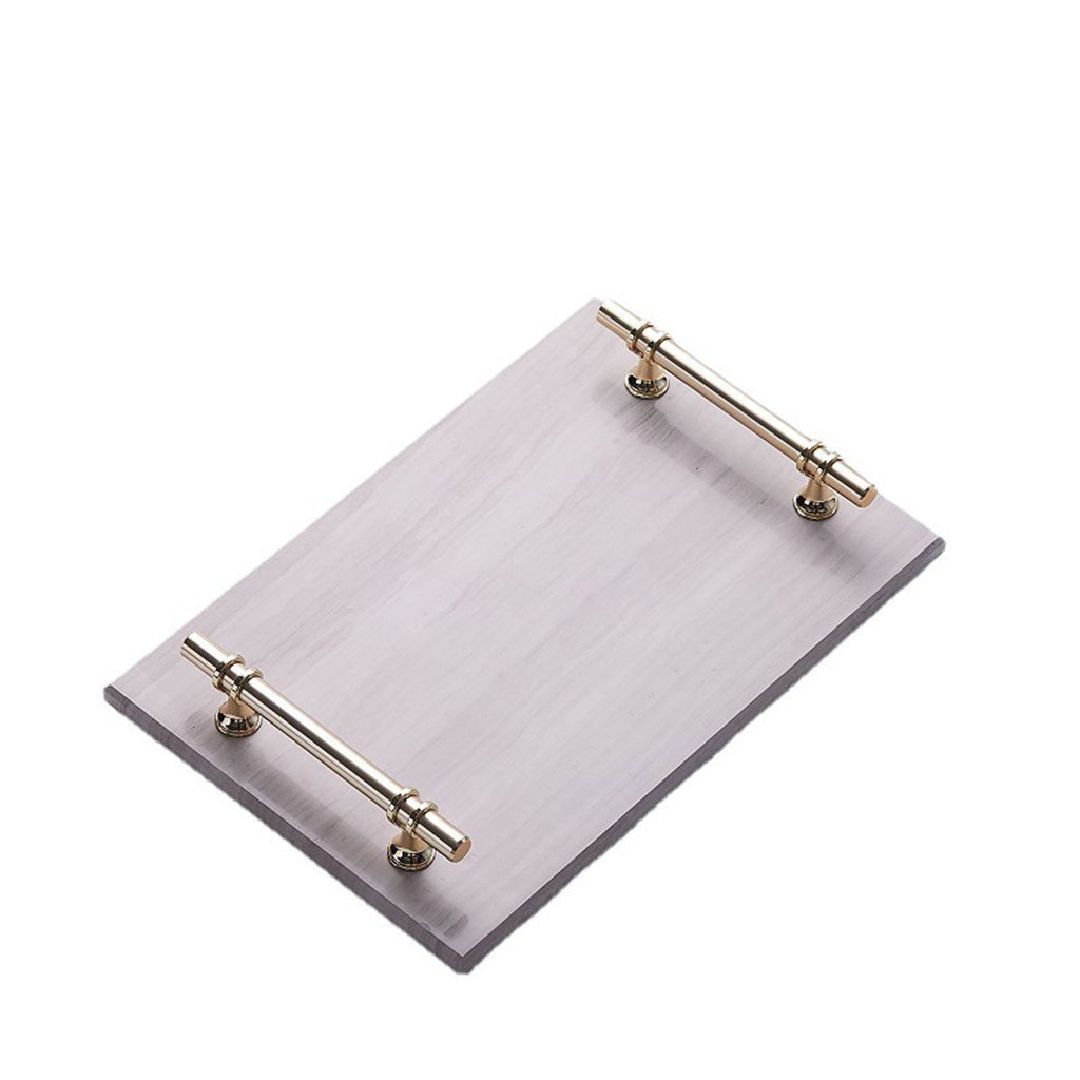 Natural Marble Trinket Vanity Tray with Wood Grain Look And Gold Handle 30x20 CM