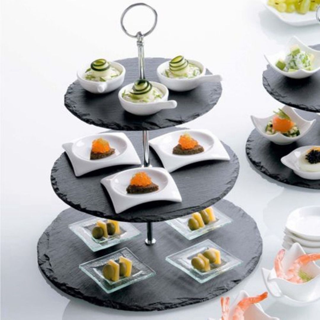 Natural Black Stone 3 Tier Round Slate Cake Stand with Chrome Carry Loop