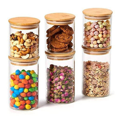 Round Glass Food Storage Jar With Airtight Bamboo Lid, Set Of 6