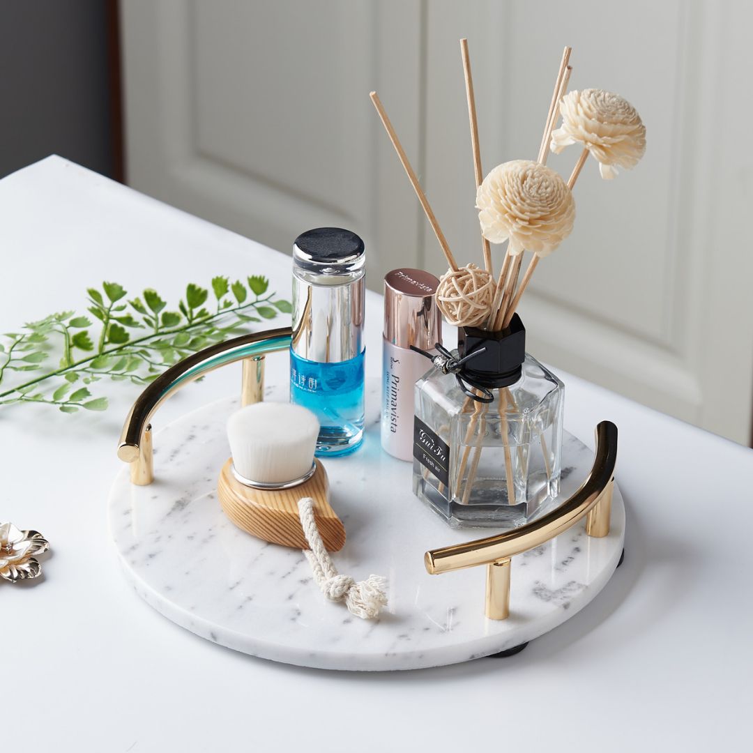 Round White Marble Tray With Gold Handle