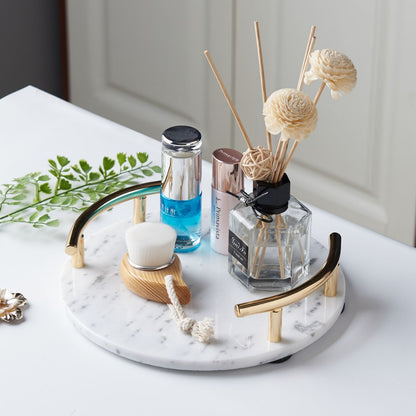 Round White Marble Tray With Gold Handle