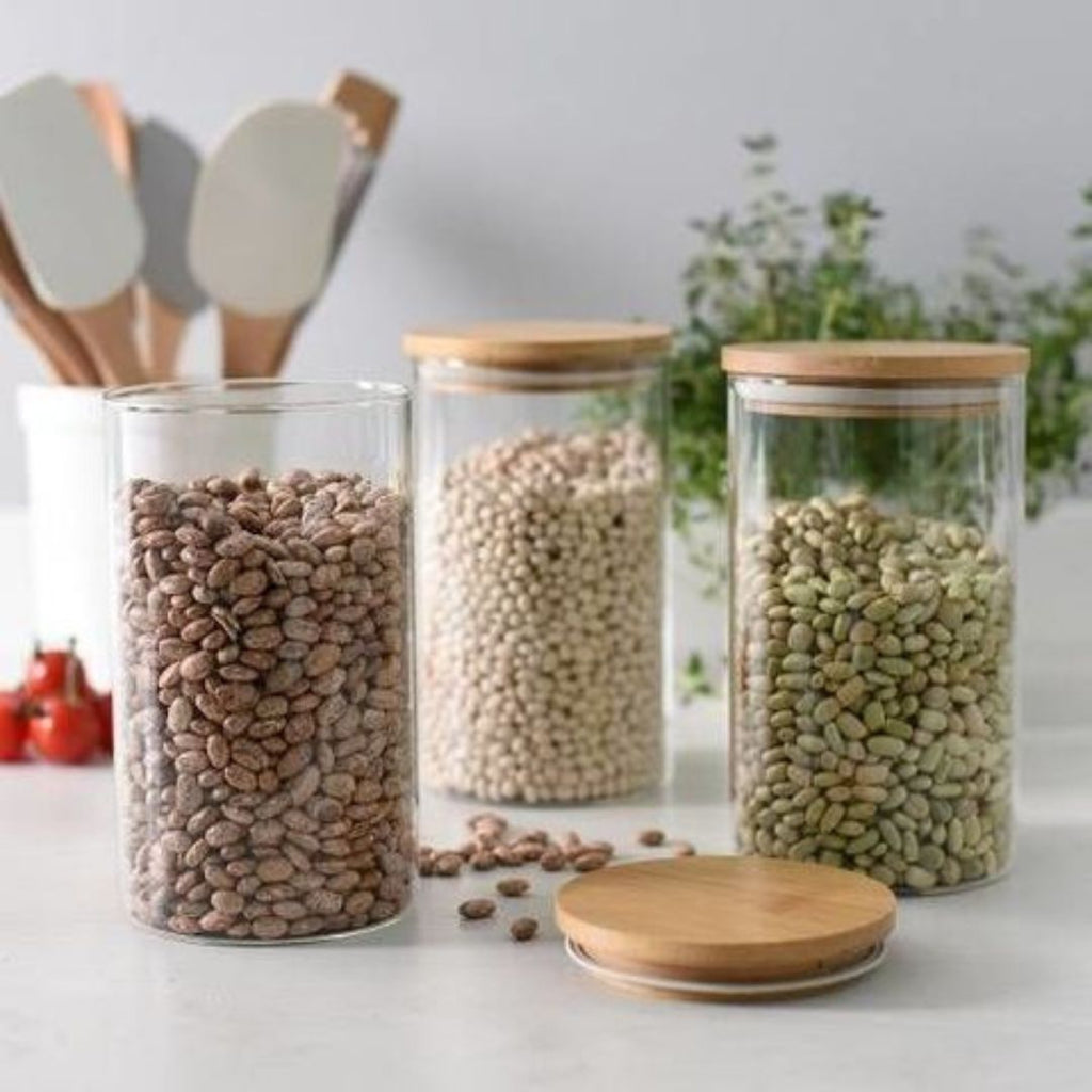 Hũ Thủy Tinh Tròn Có Nắp Tre Kín Khí, Bộ 2