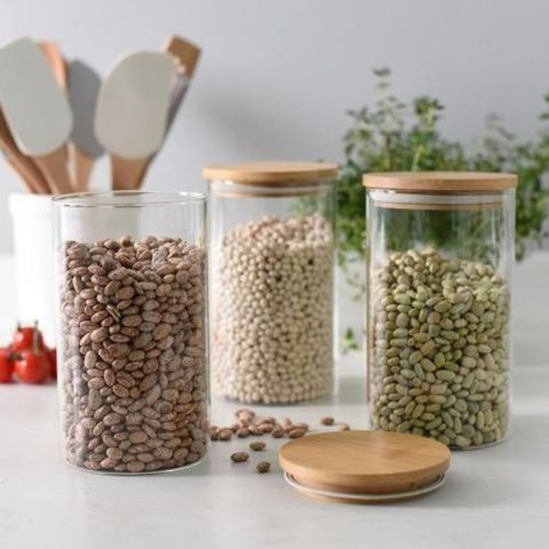 Hũ Thủy Tinh Tròn Có Nắp Tre Kín Khí, Bộ 2