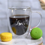 Romantic Borosilicate Double Wall Glass Mugs with Handle, 350ml - Love Print Design, Set of 2 - Perfect for Valentine's Day Gifting, Couples, Anniversaries & Special Occasions