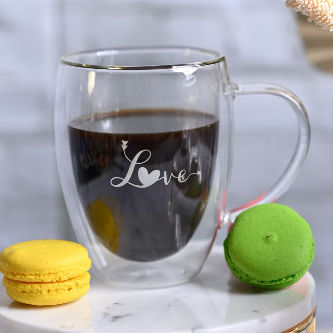 Romantic Borosilicate Double Wall Glass Mugs with Handle, 350ml - Love Print Design, Set of 2 - Perfect for Valentine's Day Gifting, Couples, Anniversaries & Special Occasions