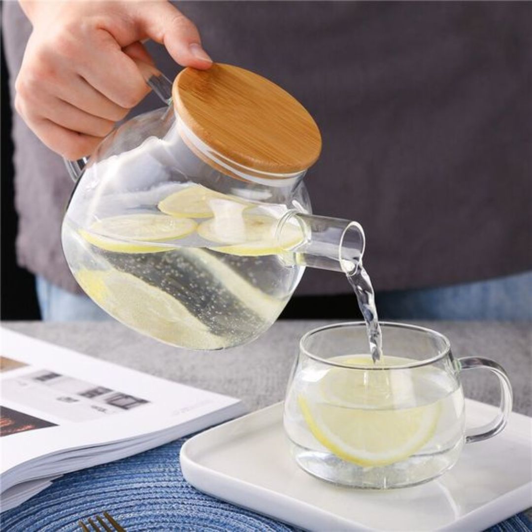 Glass Teapot 1000ML with Bamboo Lid and Removable Infuser, Perfect for Loose Leaf and Blooming Tea