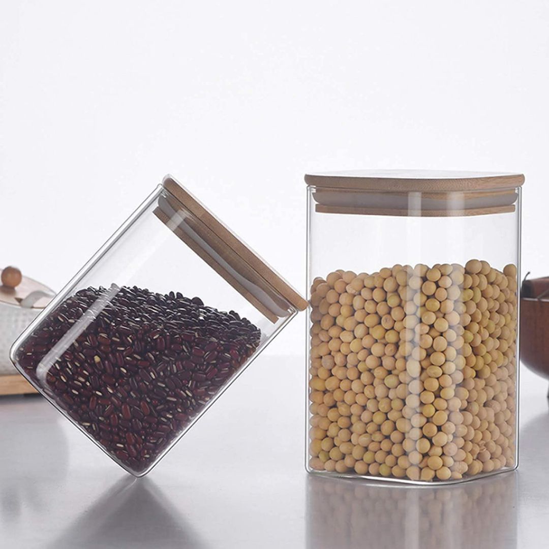 Square Food Storage Jar with Airtight Bamboo Lid – Set of 6
