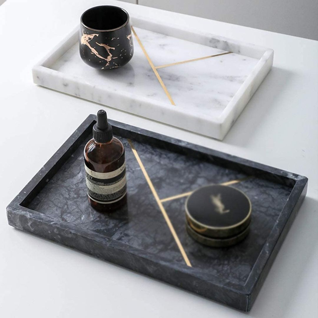 Rectangular Marble Stone Tray With Gold Rib Pattern (BLACK)