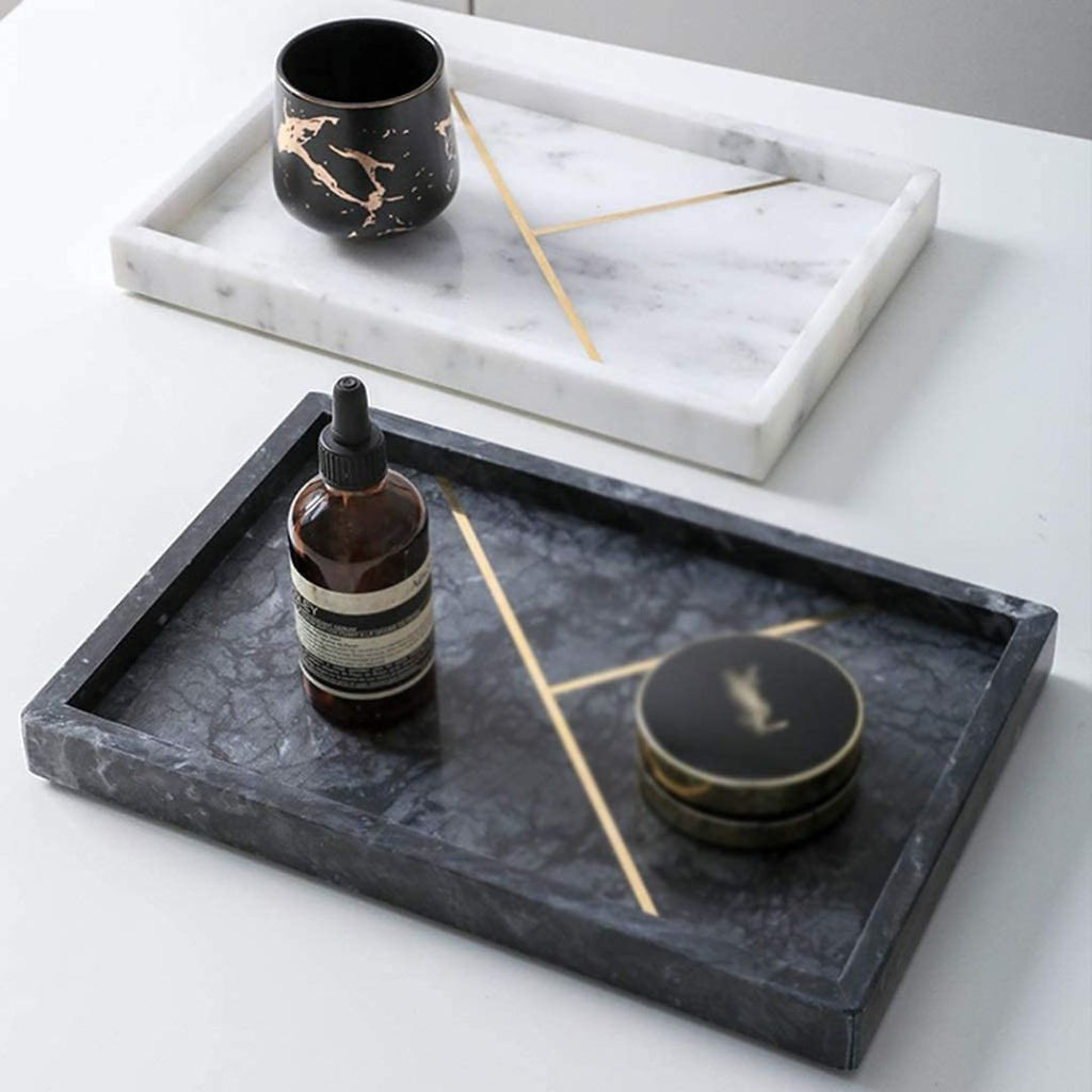 Rectangular Marble Stone Tray With Gold Rib Pattern (WHITE)