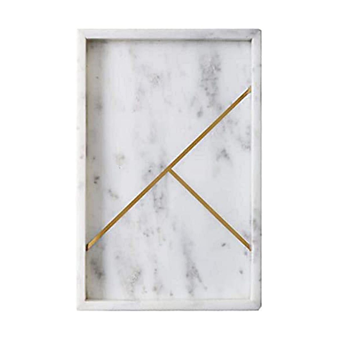 Rectangular Marble Stone Tray With Gold Rib Pattern (WHITE)