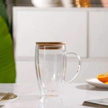 Double Wall Glass Coffee Mug with Bamboo Lid 450 ML