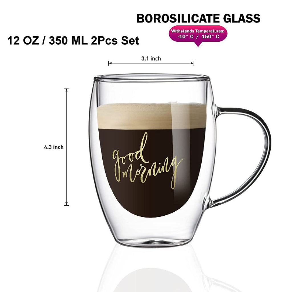 Double Wall Good Morning Printed Glass Mugs 350 ML (Set of 2)